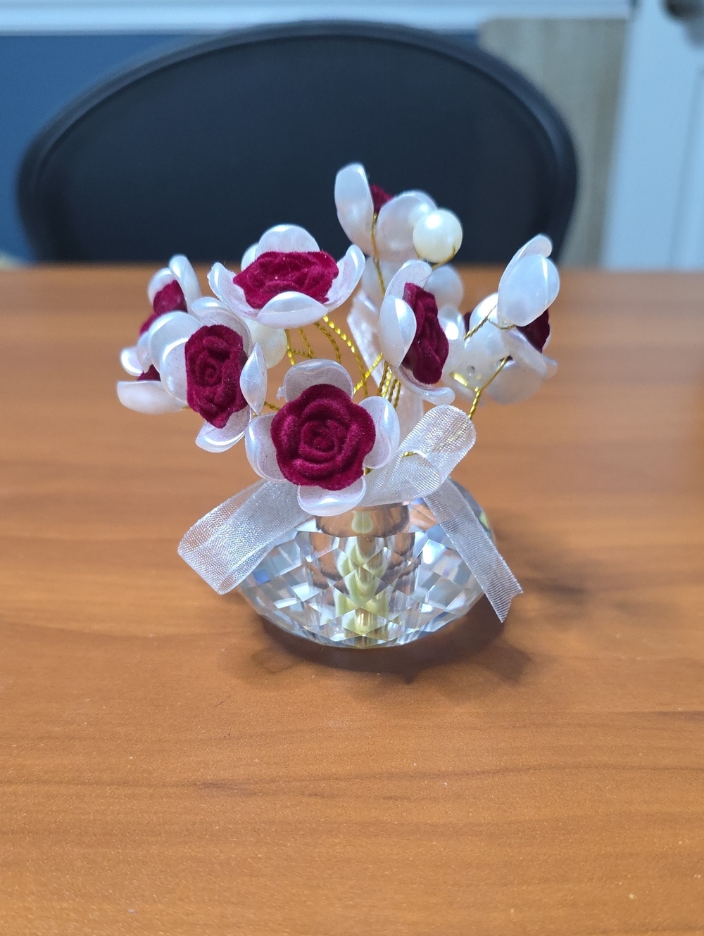 Red Velvet Rose Faux Floral Accent in Crystal-Style Vase